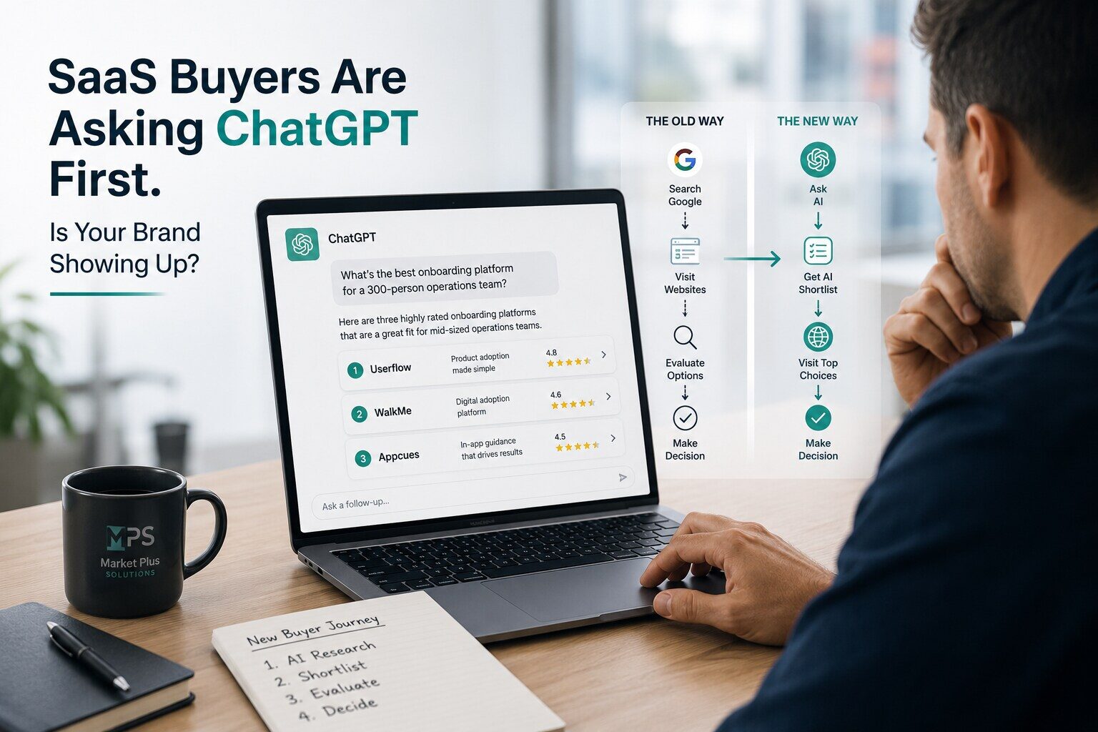 SaaS buyer using ChatGPT to research and shortlist software vendors before visiting their websites.