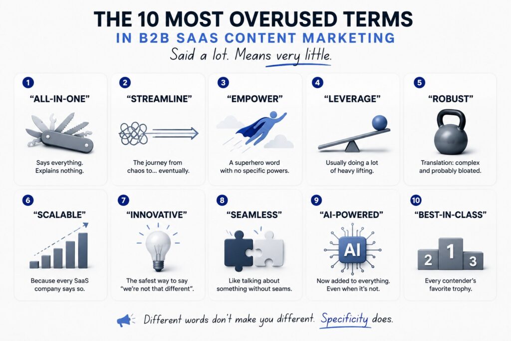 10 overused B2B SaaS content marketing terms, including all-in-one, streamline, empower, leverage, robust, scalable, innovative, seamless, AI-powered, and best-in-class.