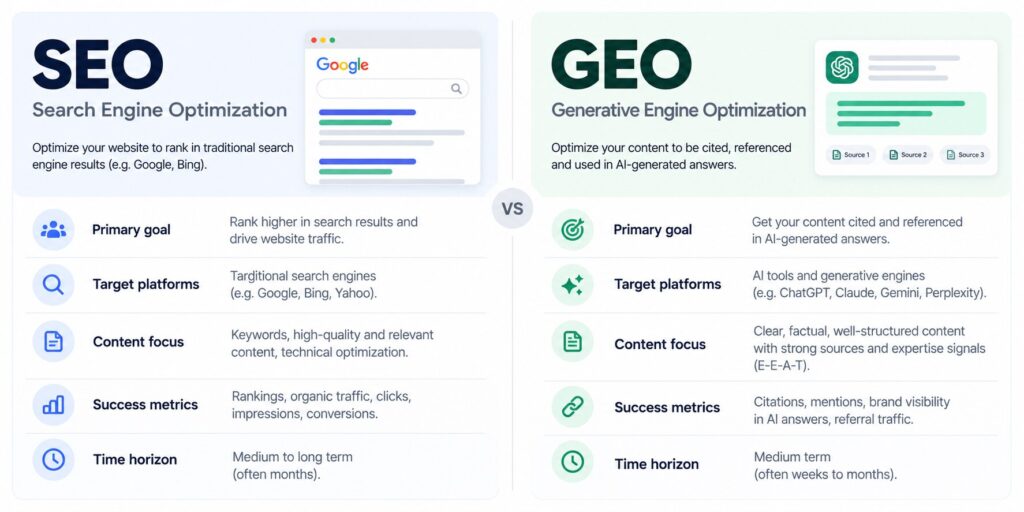 Comparison of Keyword SEO vs GEO (Generative Engine Optimization)