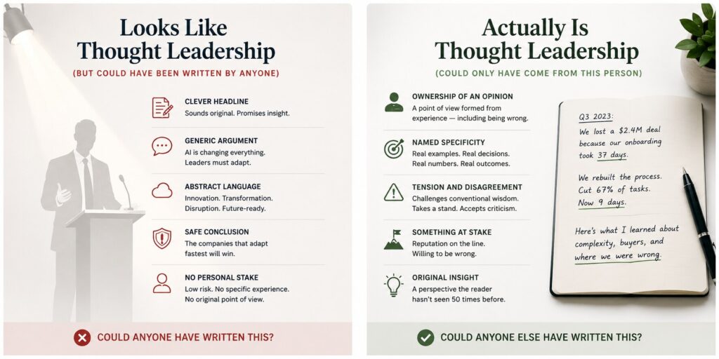 Comparison of B2B Thought Leadership Content: the left side shows generic content with clever headlines, abstract language, safe conclusions, and no personal stake, while the right side demonstrates authentic thought leadership built on a founder’s specific experience, original opinions, real examples, disagreement, and measurable outcomes.