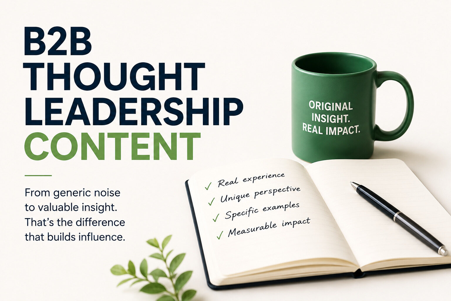 B2B Thought Leadership Content cover showing bold navy and green typography, an open notebook with four principles—real experience, unique perspective, specific examples, and measurable impact—and a green mug labeled “Original Insight. Real Impact.