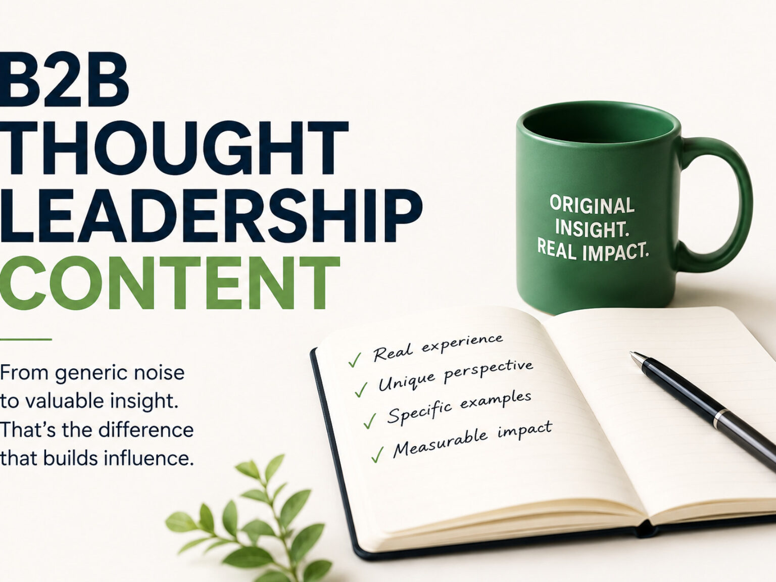 B2B Thought Leadership Content cover showing bold navy and green typography, an open notebook with four principles—real experience, unique perspective, specific examples, and measurable impact—and a green mug labeled “Original Insight. Real Impact.