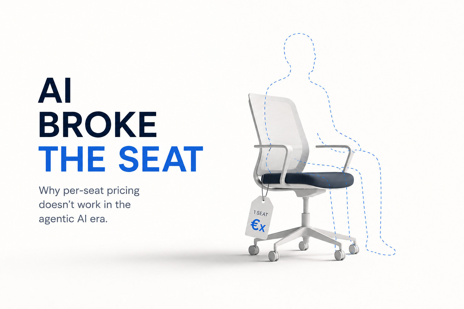 Per-Seat Pricing breaks as AI automates human work, represented by an empty office chair with a missing worker and a pricing tag.