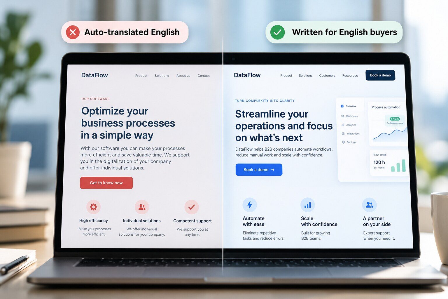 Auto-translated English website compared with English copy written for international buyers