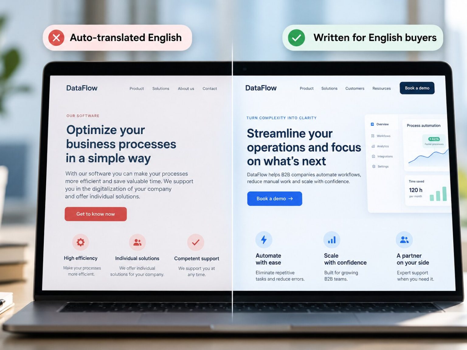 Auto-translated English website compared with English copy written for international buyers