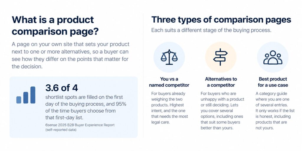 Product Comparison Page for IT Software explained with shortlist statistics and three types: competitor comparisons, alternatives and use-case guides.