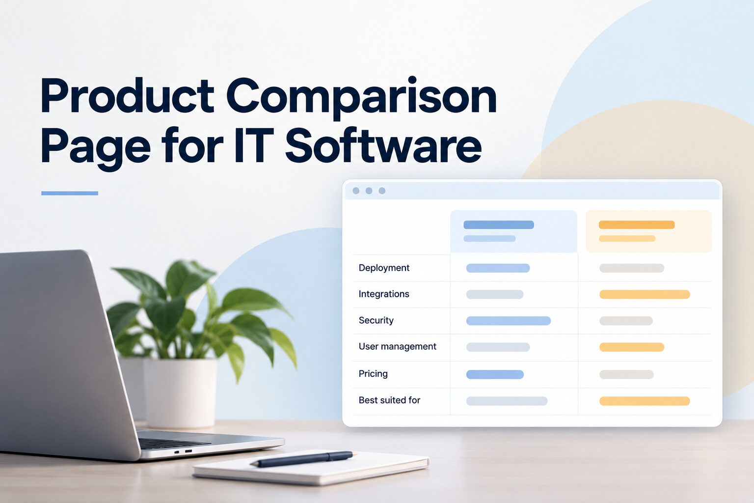 Product Comparison Page for IT Software illustrated with a comparison table for deployment, integrations, security and pricing.