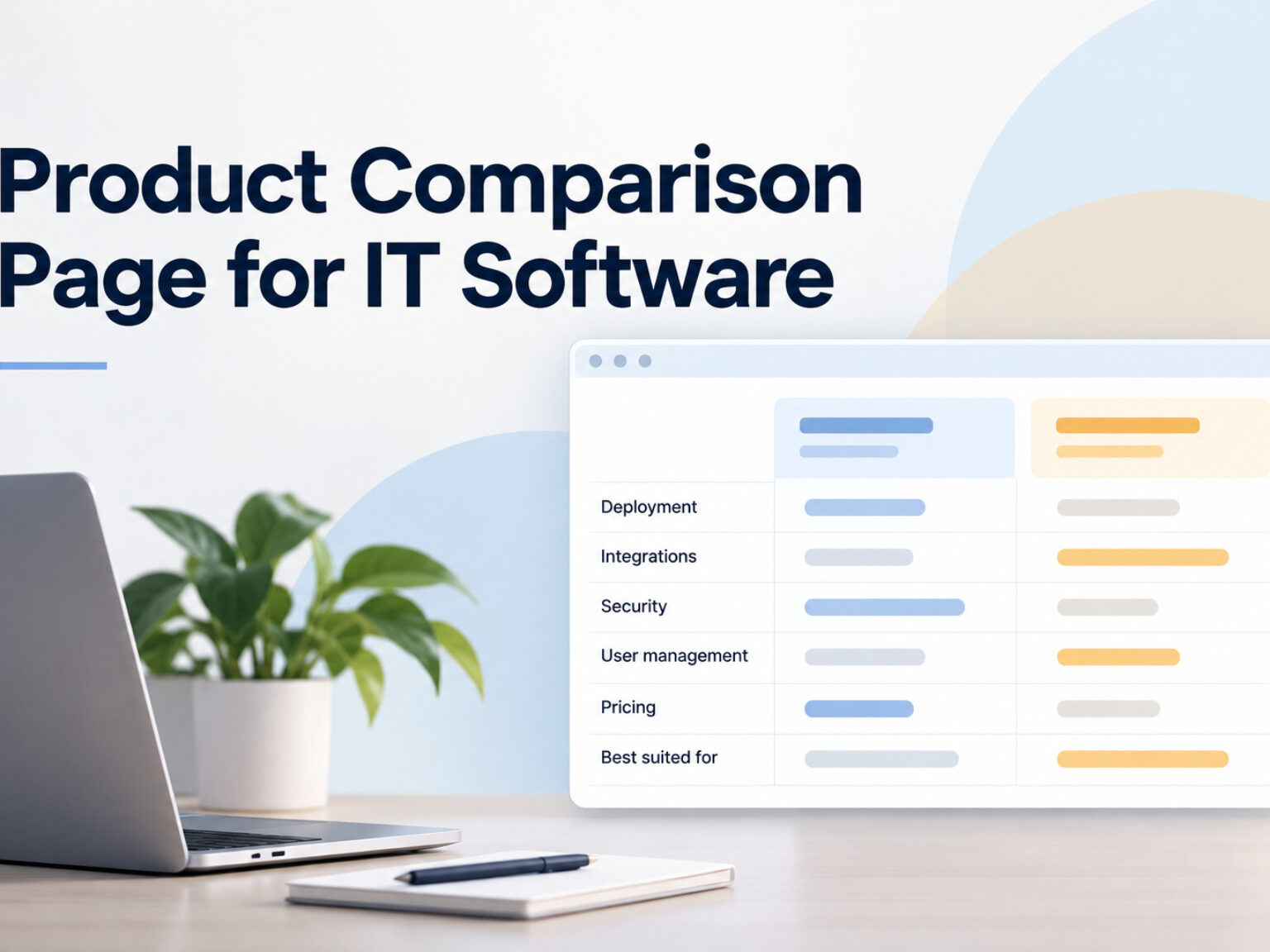 Product Comparison Page for IT Software illustrated with a comparison table for deployment, integrations, security and pricing.