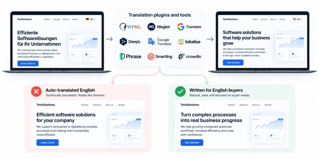 Translation plugin and automated translation tools converting a German website into English